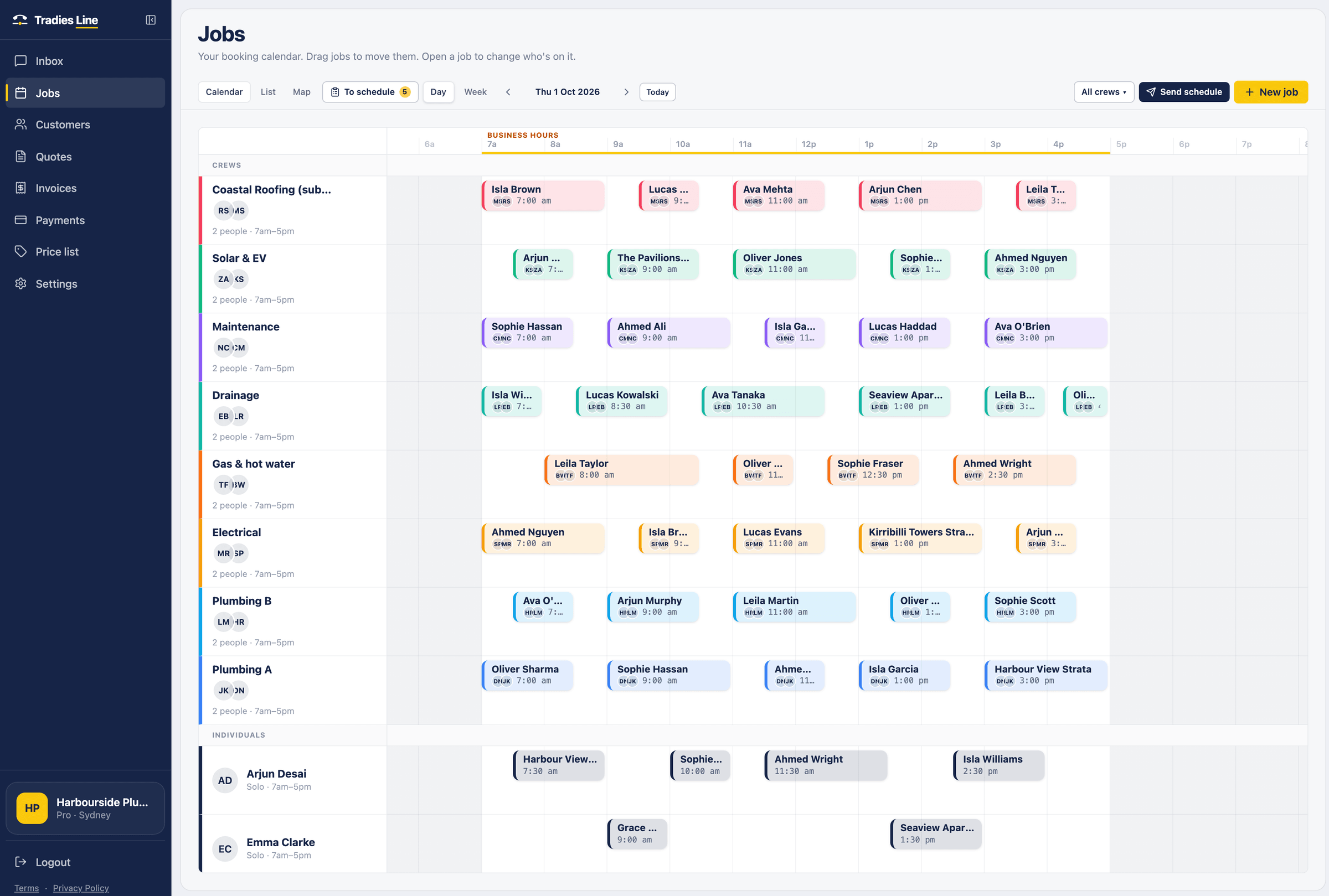 The Tradies Line jobs board for one day: eight crews and two individuals, each in their own lane, with every job from 7am to 5pm in the crew's colour