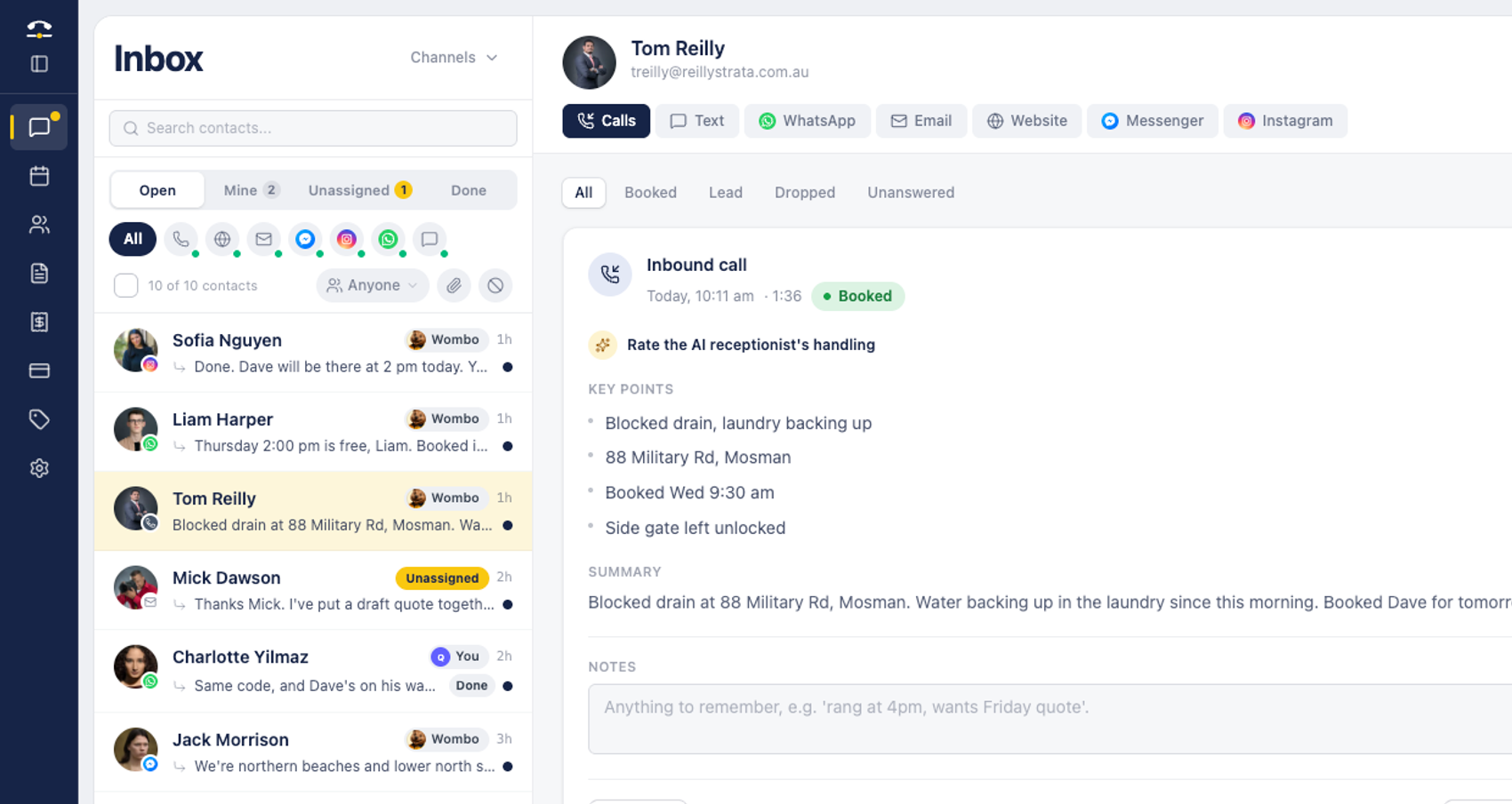 The Tradies Line inbox for a Sydney plumbing business: customer threads across calls, texts, email, WhatsApp, website chat, Messenger and Instagram, with Wombo handling each one